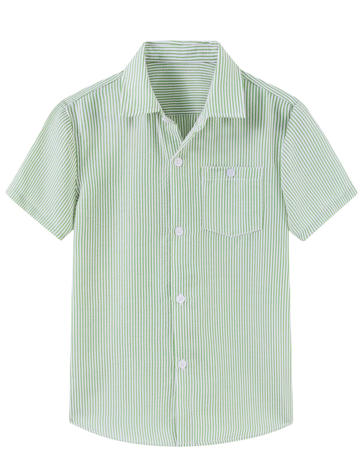 Green stripe boys polo shirt with short sleeves for everyday comfort.