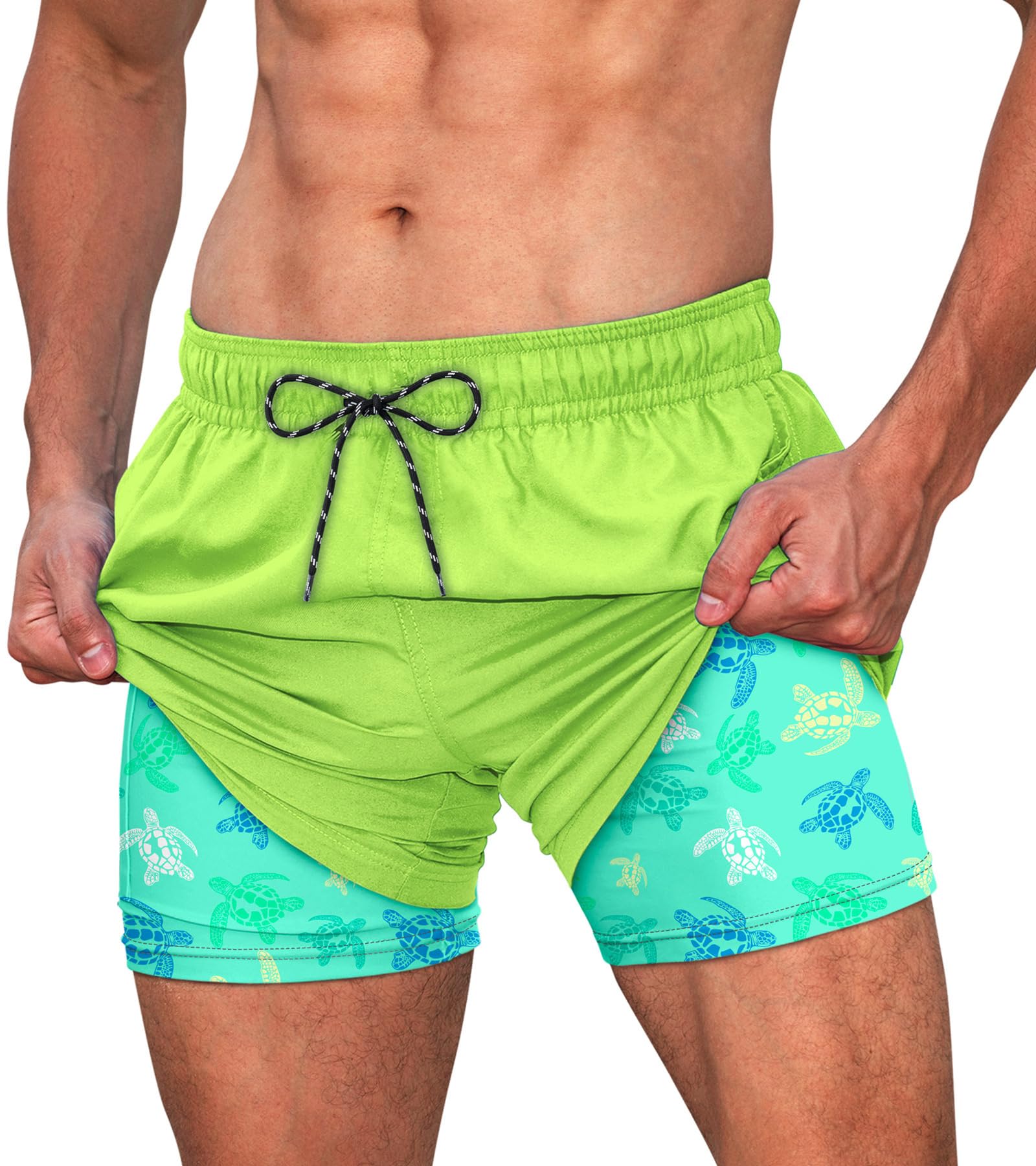 Men's green turtle swim trunks with ocean inspired pattern