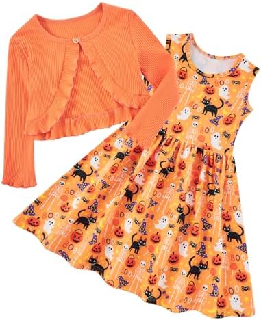 Girls Halloween party dress with matching cardigan featuring festive seasonal patterns.