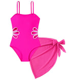 hot pink girls one piece swimsuit with decorative side cutouts and matching beach wrap skirt