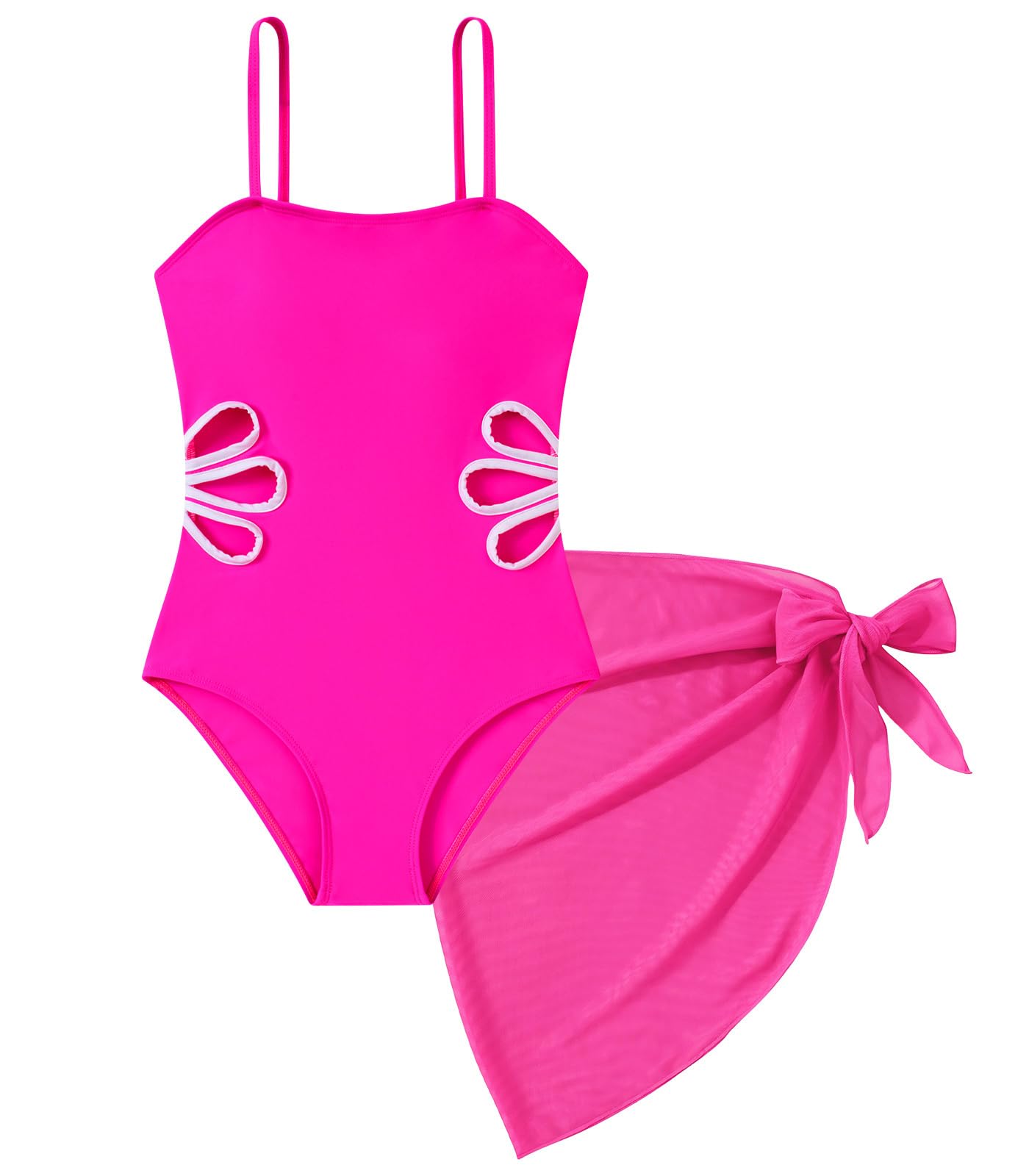 hot pink girls one piece swimsuit with decorative side cutouts and matching beach wrap skirt