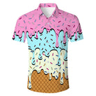 Men's tropical vacation shirt with colorful ice cream dripping graphic print.