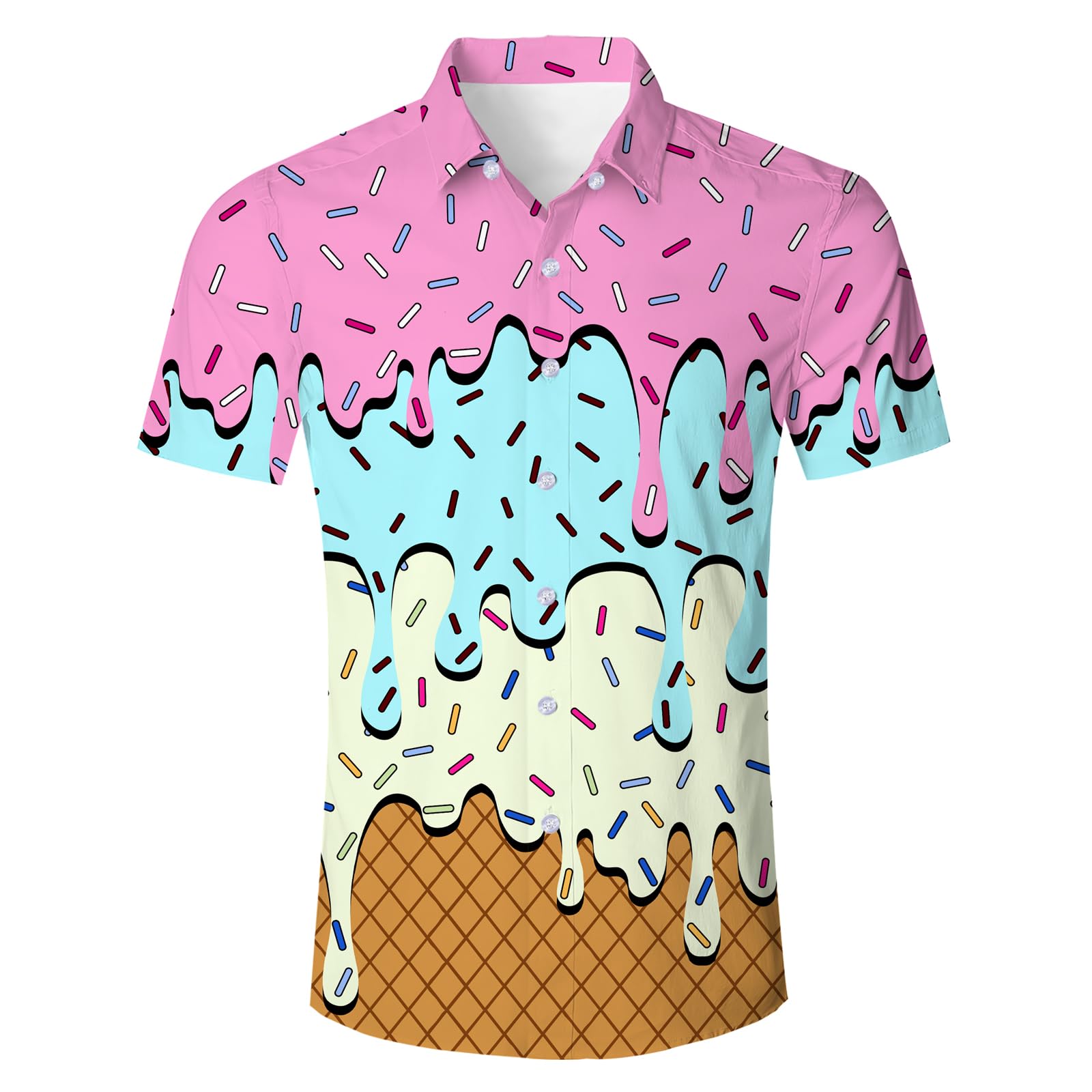 Men's tropical vacation shirt with colorful ice cream dripping graphic print.