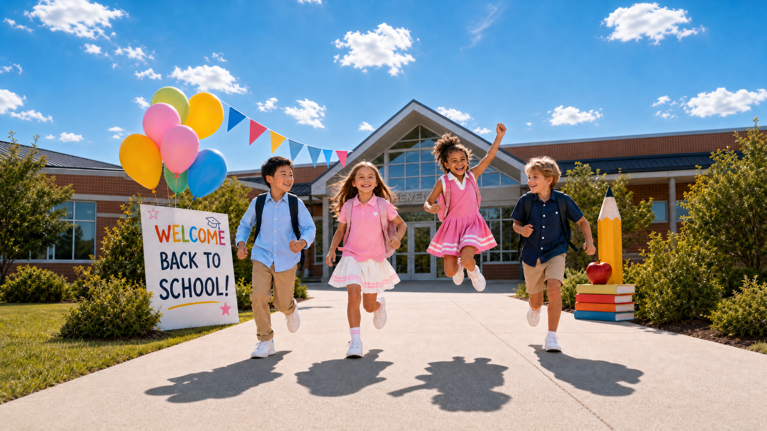 Four children wearing preppy school outfits and backpacks run outside a decorated school on the first day back.