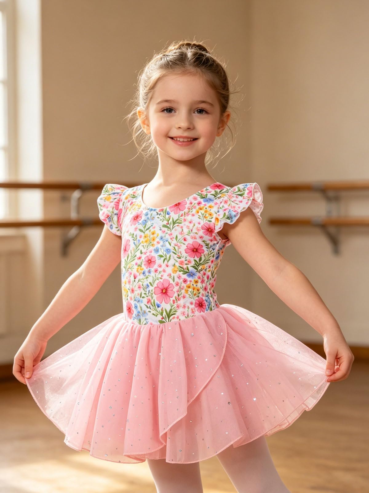 Girl wearing a floral ballet leotard dress with sparkling skirt, perfect for ballet classes, performances and special occasions.