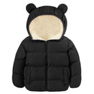 Kids black bear ear hooded puffer jacket with warm fleece lining and quilted construction for school and everyday winter outfits.