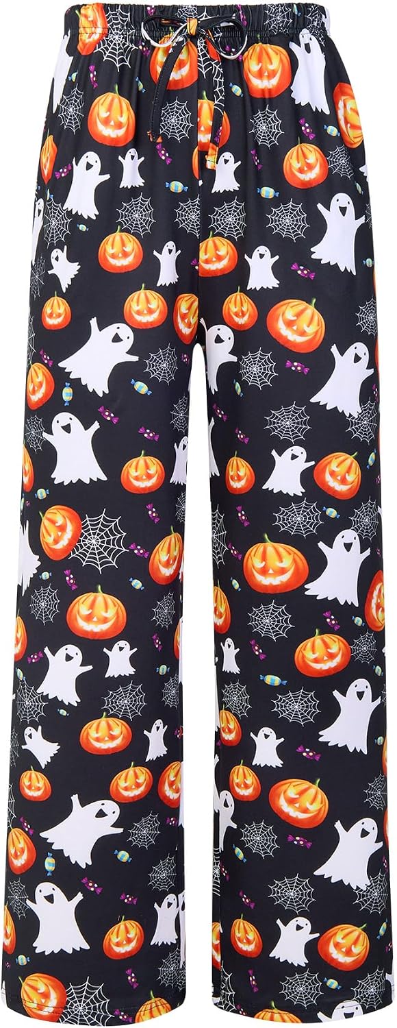 Kids black ghost print pajama pants with relaxed fit and elastic waist, perfect for Halloween sleepwear, lounging and costume season.