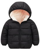 Kids black hooded puffer jacket with quilted construction, full-zip closure and warm lining for versatile winter outfits.