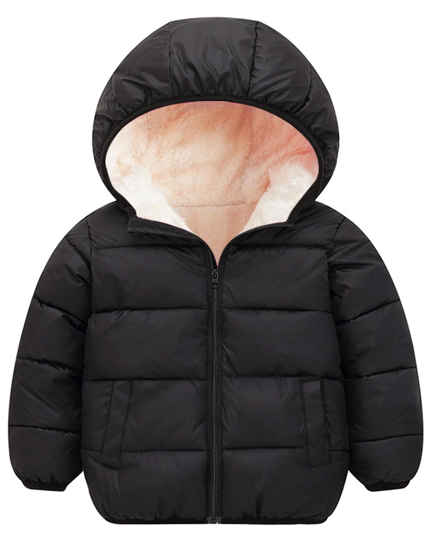 Kids black hooded puffer jacket with quilted construction, full-zip closure and warm lining for versatile winter outfits.