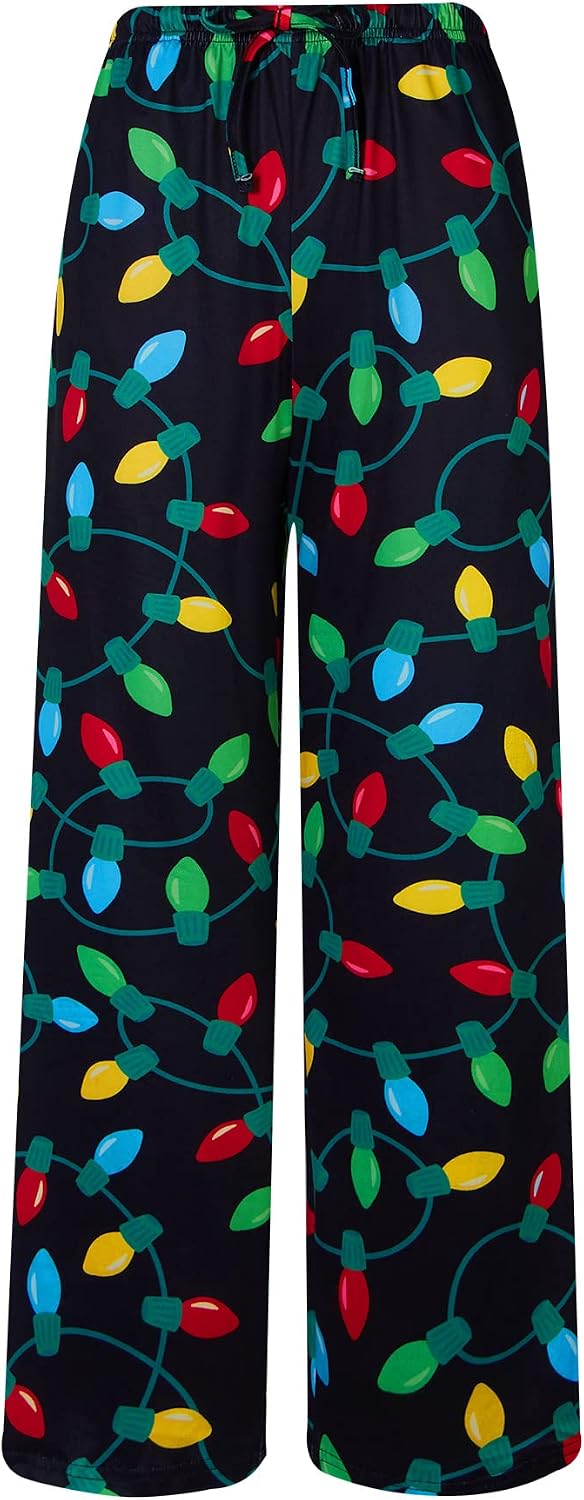 Kids black pajama pants with colorful Christmas string lights print, elastic waist and relaxed full-length design for festive home wear.
