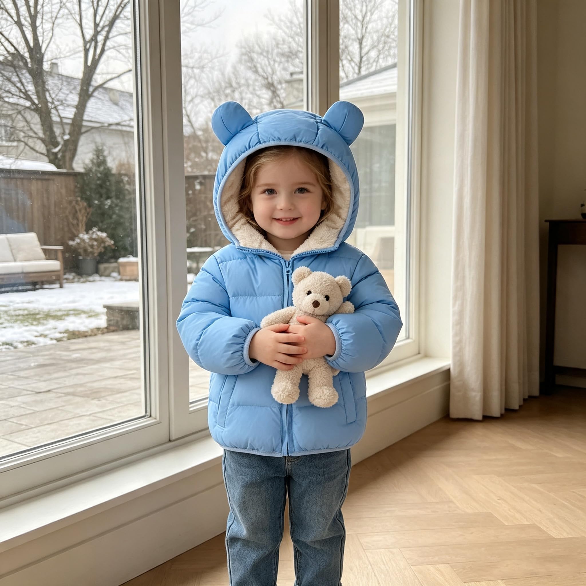 Child wearing a blue bear ear hooded puffer jacket while standing by a window and holding a plush toy, showing a cozy winter outfit.