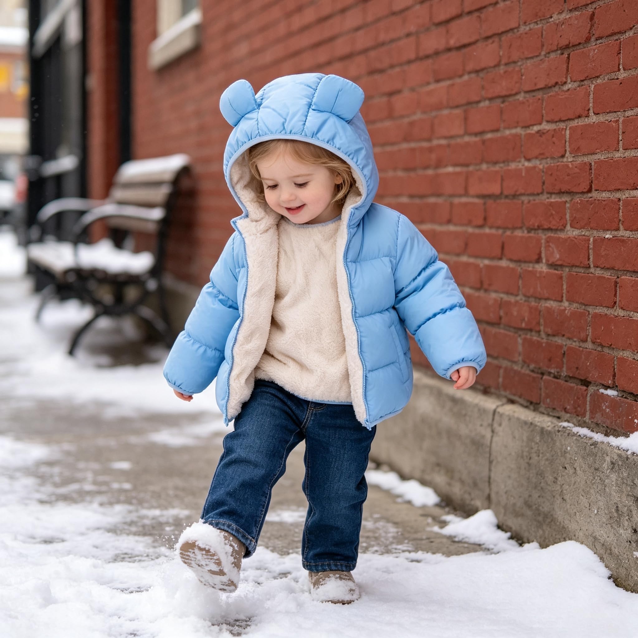 Child walking outdoors in a blue bear ear hooded puffer jacket on a snowy day, showing a warm everyday winter outfit.