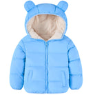 Kids blue bear ear hooded puffer jacket with fleece lining, quilted design, full zipper and front pockets for warm winter wear.