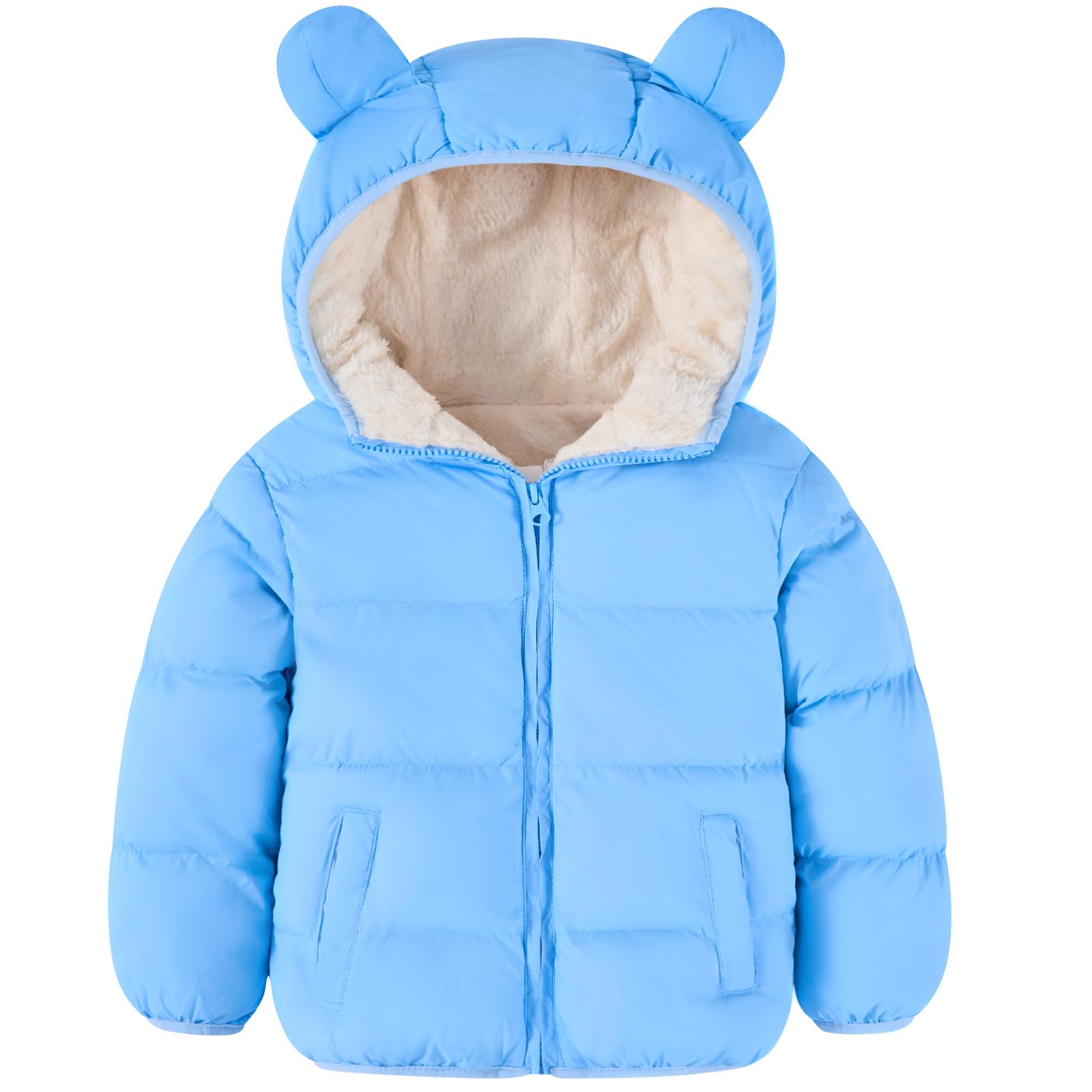 Kids blue bear ear hooded puffer jacket with fleece lining, quilted design, full zipper and front pockets for warm winter wear.