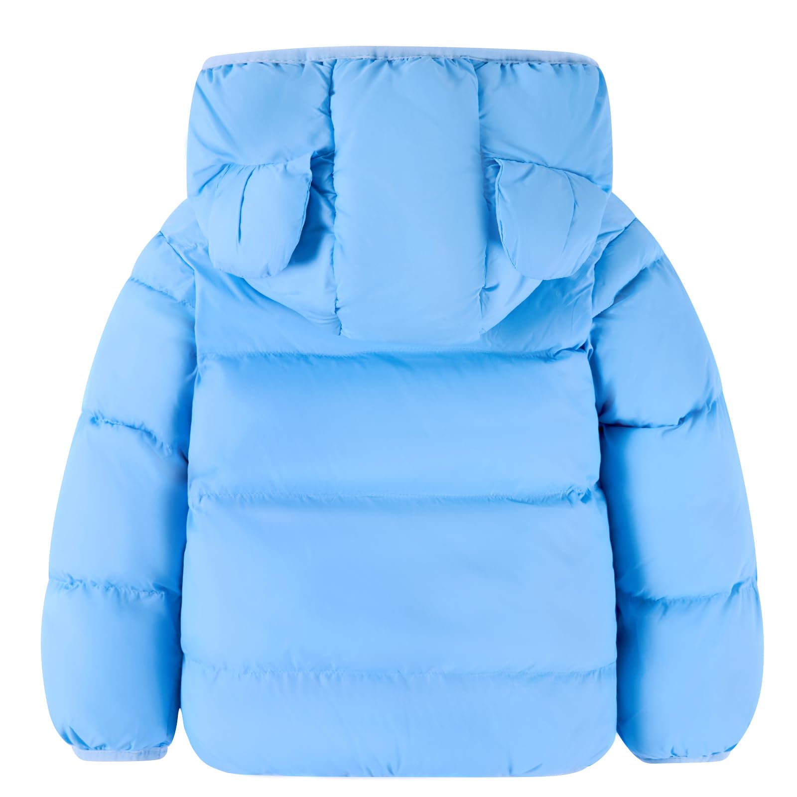 Back view of kids blue bear ear hooded puffer jacket showing the quilted construction, attached hood and warm winter design.