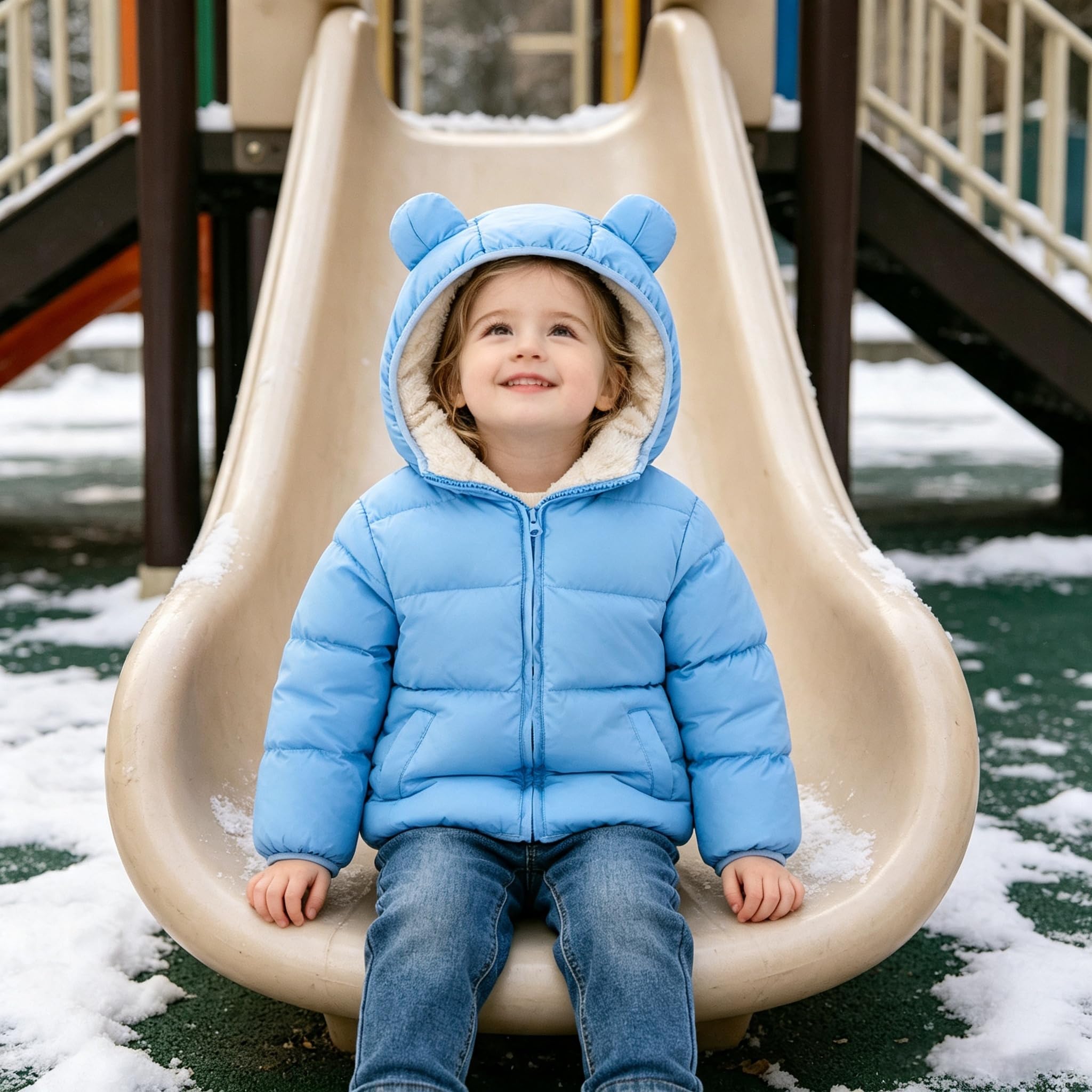 Child wearing a blue bear ear puffer jacket while sitting on a playground slide in snowy weather, styled for outdoor winter play.
