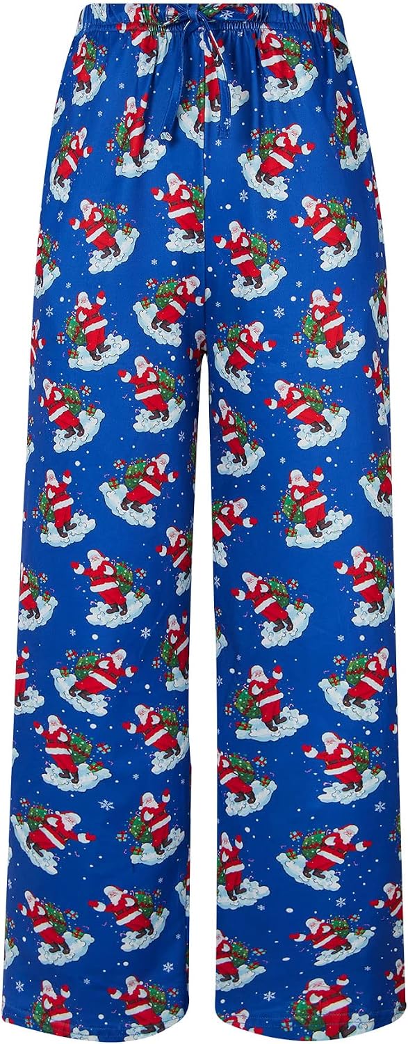 Kids blue Santa Claus print pajama pants with elastic drawstring waist and relaxed full-length fit for Christmas sleepwear and holiday lounging.