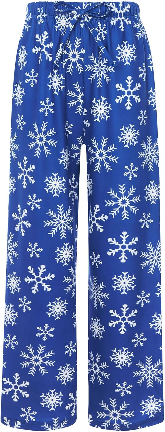 Kids blue snowflake print pajama pants with relaxed full-length fit and adjustable waist for winter nights and holiday lounging.