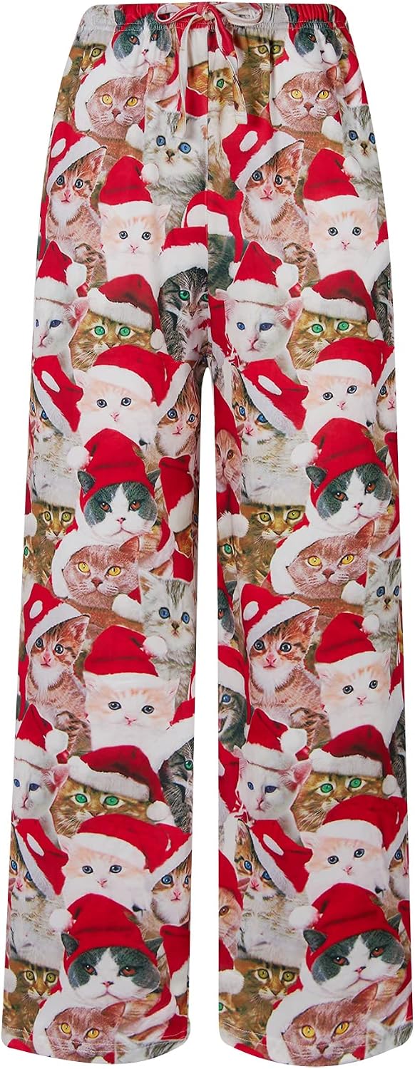 Kids Christmas cat print pajama pants with festive red and holiday details, designed for comfortable sleepwear and cozy family celebrations.