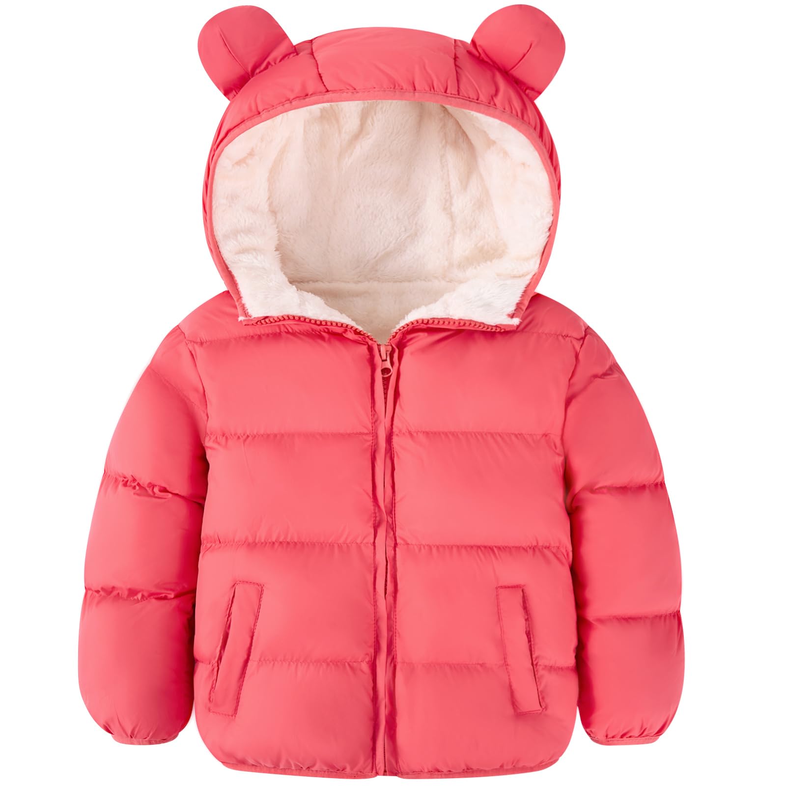 Kids coral red bear ear hooded puffer jacket with quilted design, fleece-lined hood and full zipper for warm winter wear.
