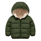 Kids dark olive hooded puffer jacket with quilted panels, full zipper and cozy design for school, outdoor play and winter outings.