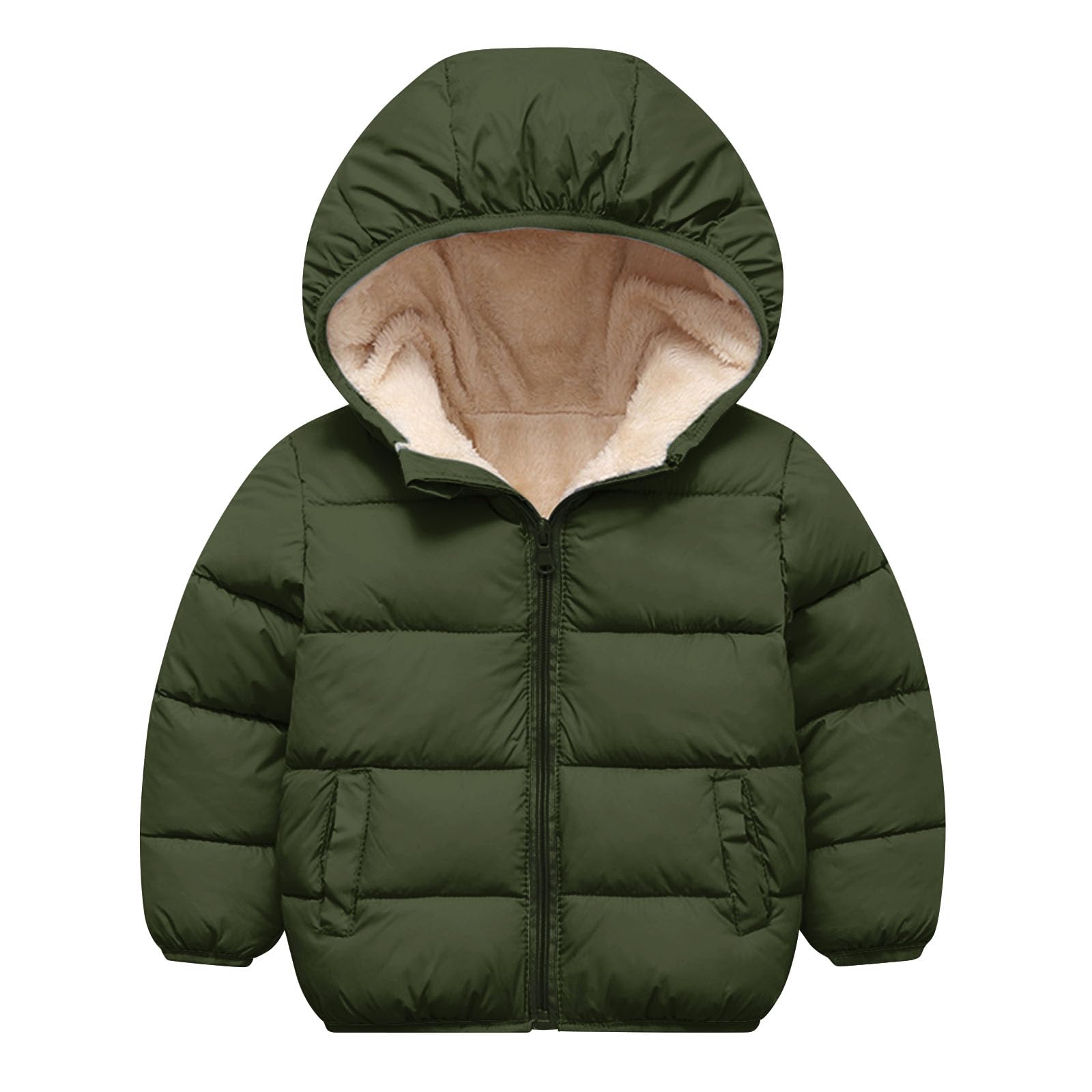 Kids dark olive hooded puffer jacket with quilted panels, full zipper and cozy design for school, outdoor play and winter outings.