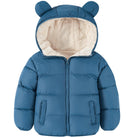 Kids denim blue bear ear hooded puffer jacket with quilted insulation and cozy fleece lining for cold-weather everyday wear.