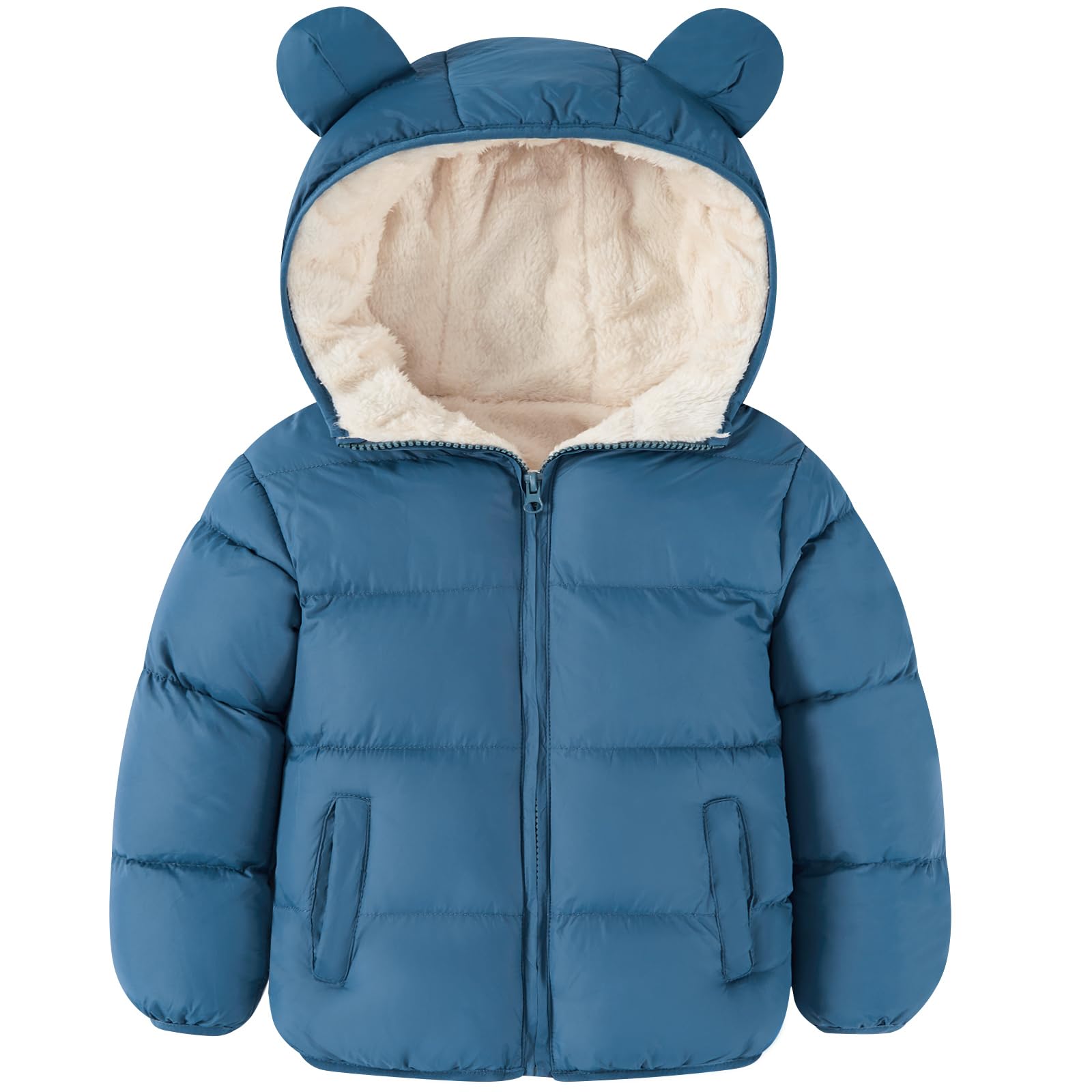 Kids denim blue bear ear hooded puffer jacket with quilted insulation and cozy fleece lining for cold-weather everyday wear.