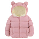Kids dusty pink bear ear hooded puffer jacket with soft fleece lining, front pockets and full-zip winter design.