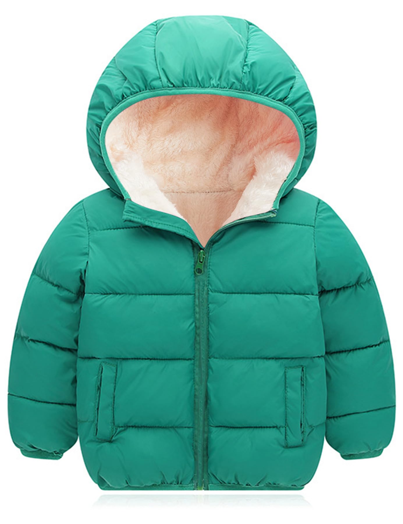 Kids emerald green hooded puffer jacket with quilted design and warm lining for everyday cold-weather activities.