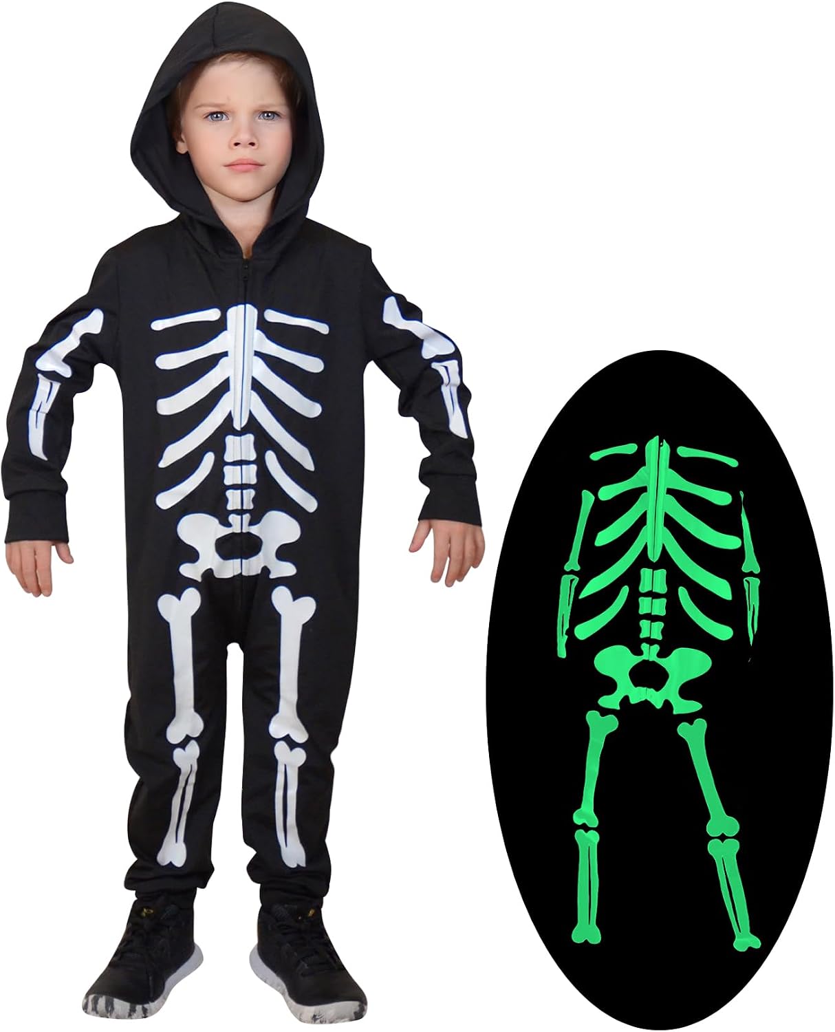 Child wearing a black glow in the dark skeleton costume with hooded jumpsuit design and full body bone print for Halloween dress up.