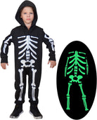 Child wearing a black glow in the dark skeleton costume with hooded jumpsuit design and full body bone print for Halloween dress up.