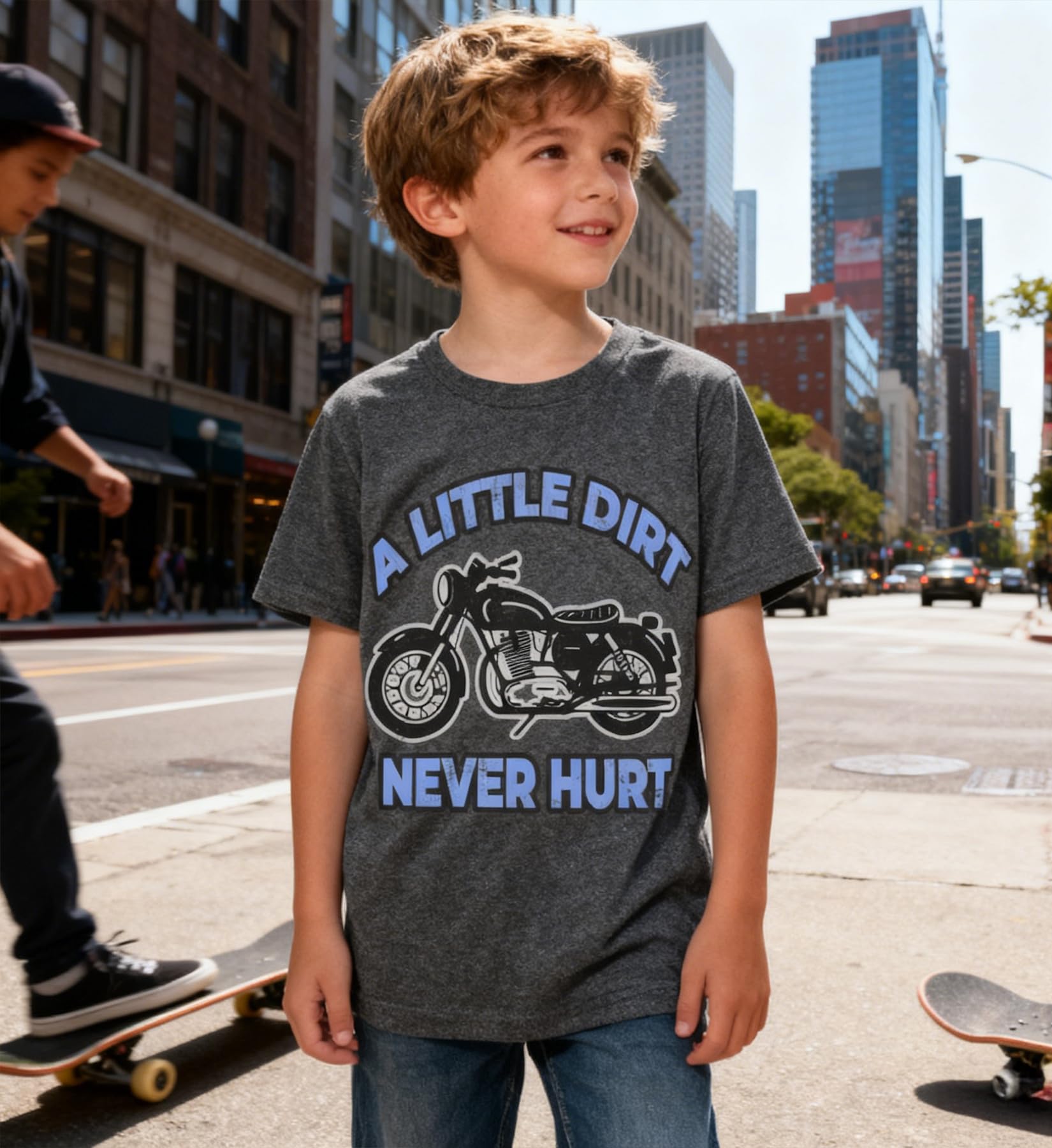 Boy wearing a gray excavator graphic T shirt with casual pants, stylish everyday outfit for kids outdoor wear