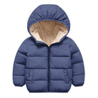 Kids grey blue hooded puffer jacket with full front zipper and quilted insulated design for school, travel and winter outings.