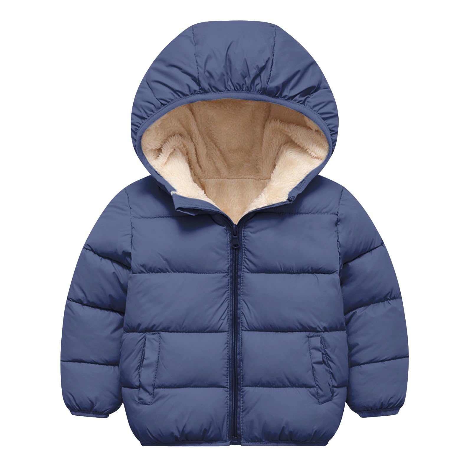 Kids grey blue hooded puffer jacket with full front zipper and quilted insulated design for school, travel and winter outings.
