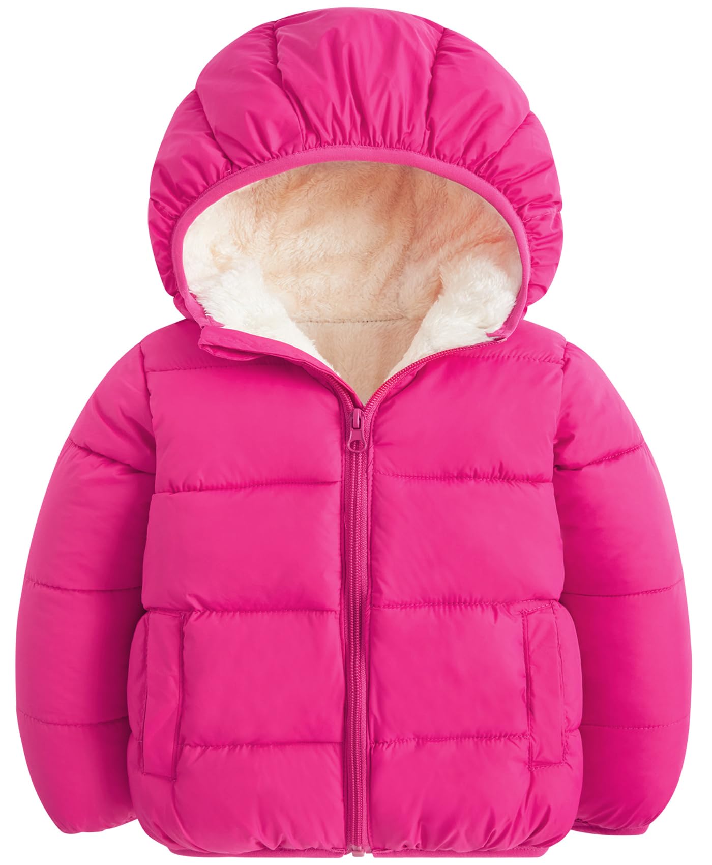 Kids hot pink hooded puffer jacket with lightweight insulated construction and full-zip design for comfortable winter wear.