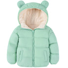 Kids mint green bear ear hooded puffer jacket with fleece-lined hood, quilted design and full zipper for winter wear.
