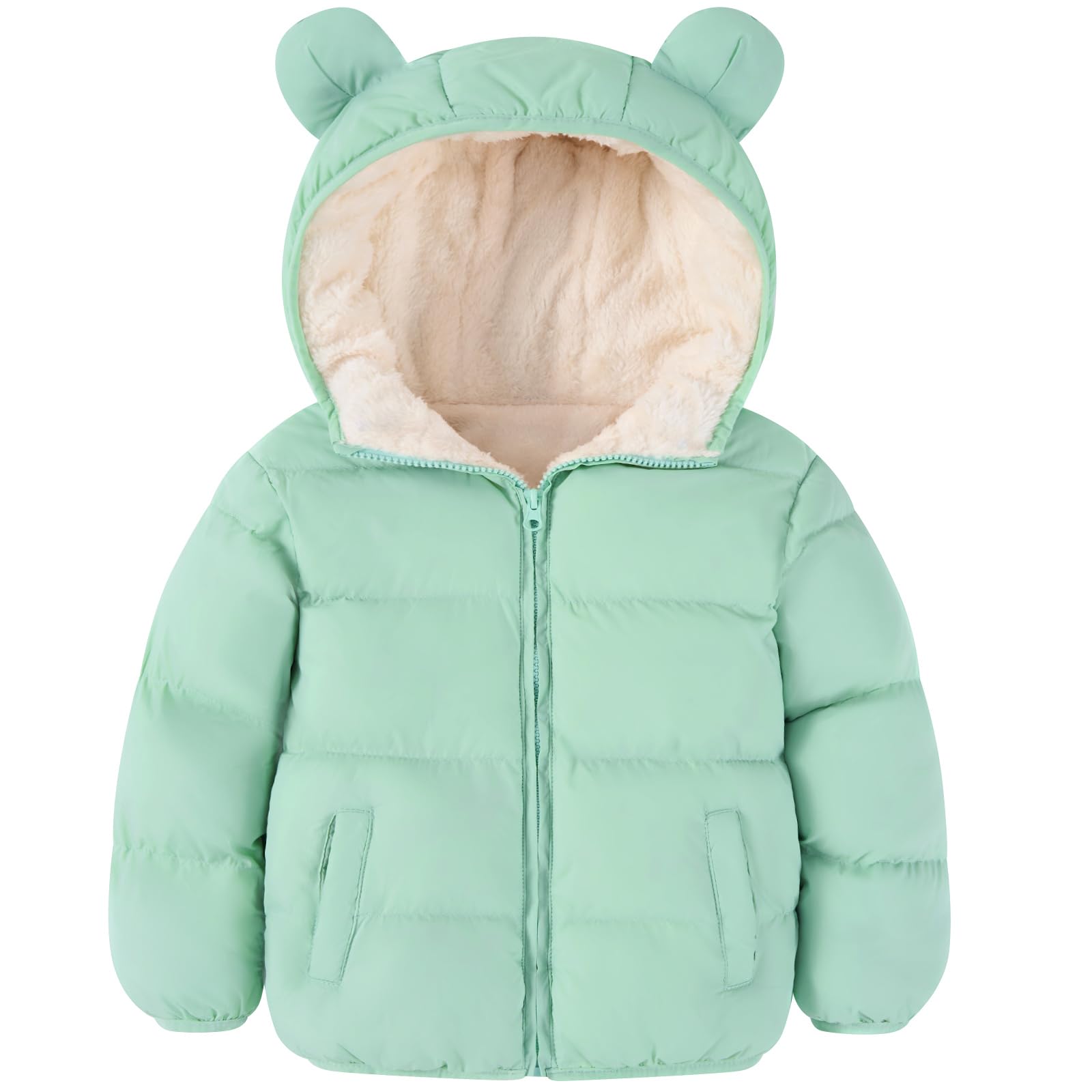 Kids mint green bear ear hooded puffer jacket with fleece-lined hood, quilted design and full zipper for winter wear.