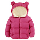Kids mulberry bear ear hooded puffer jacket with cozy fleece lining and full zipper for school, outdoor play and winter outings.