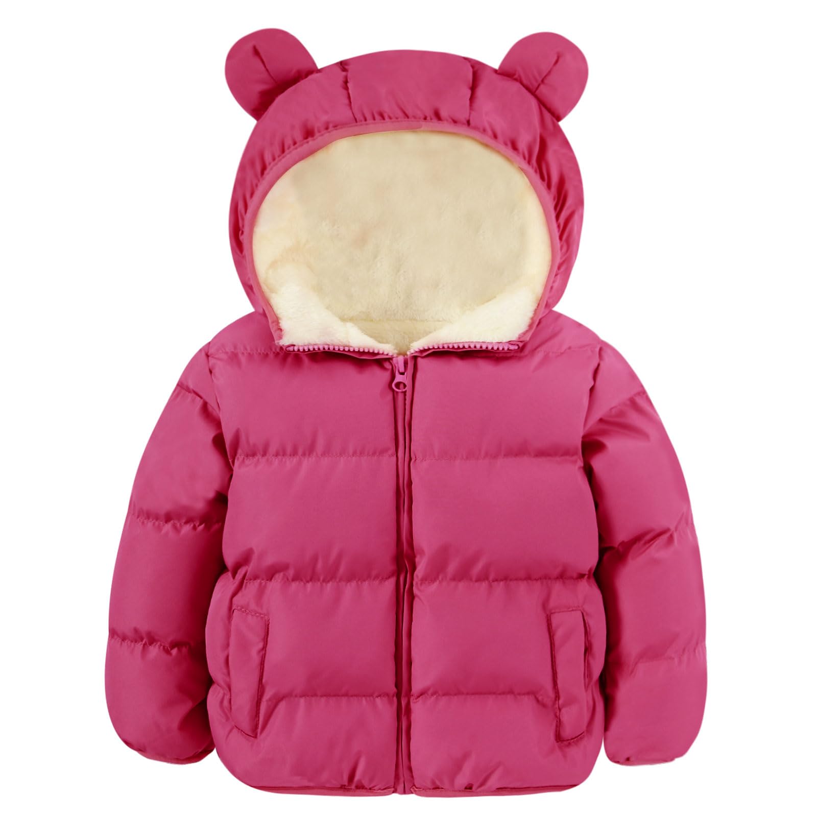 Kids mulberry bear ear hooded puffer jacket with cozy fleece lining and full zipper for school, outdoor play and winter outings.