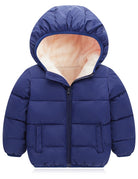 Kids navy hooded puffer jacket with quilted construction and full-zip front, designed for warm everyday winter outfits.
