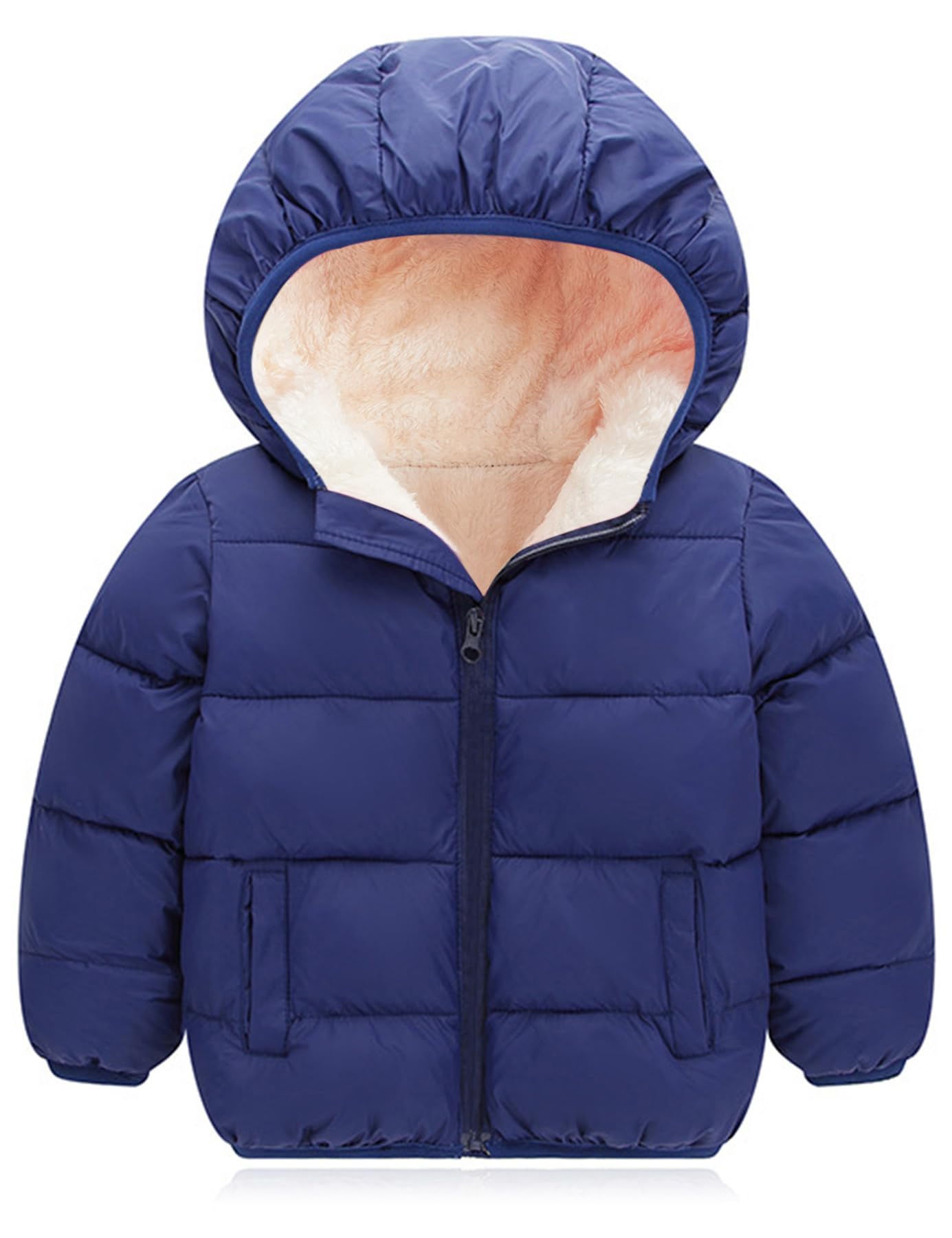 Kids navy hooded puffer jacket with quilted construction and full-zip front, designed for warm everyday winter outfits.