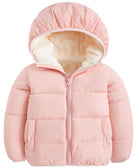 Kids pink hooded puffer jacket with quilted design, full front zipper and warm lining for everyday winter wear.