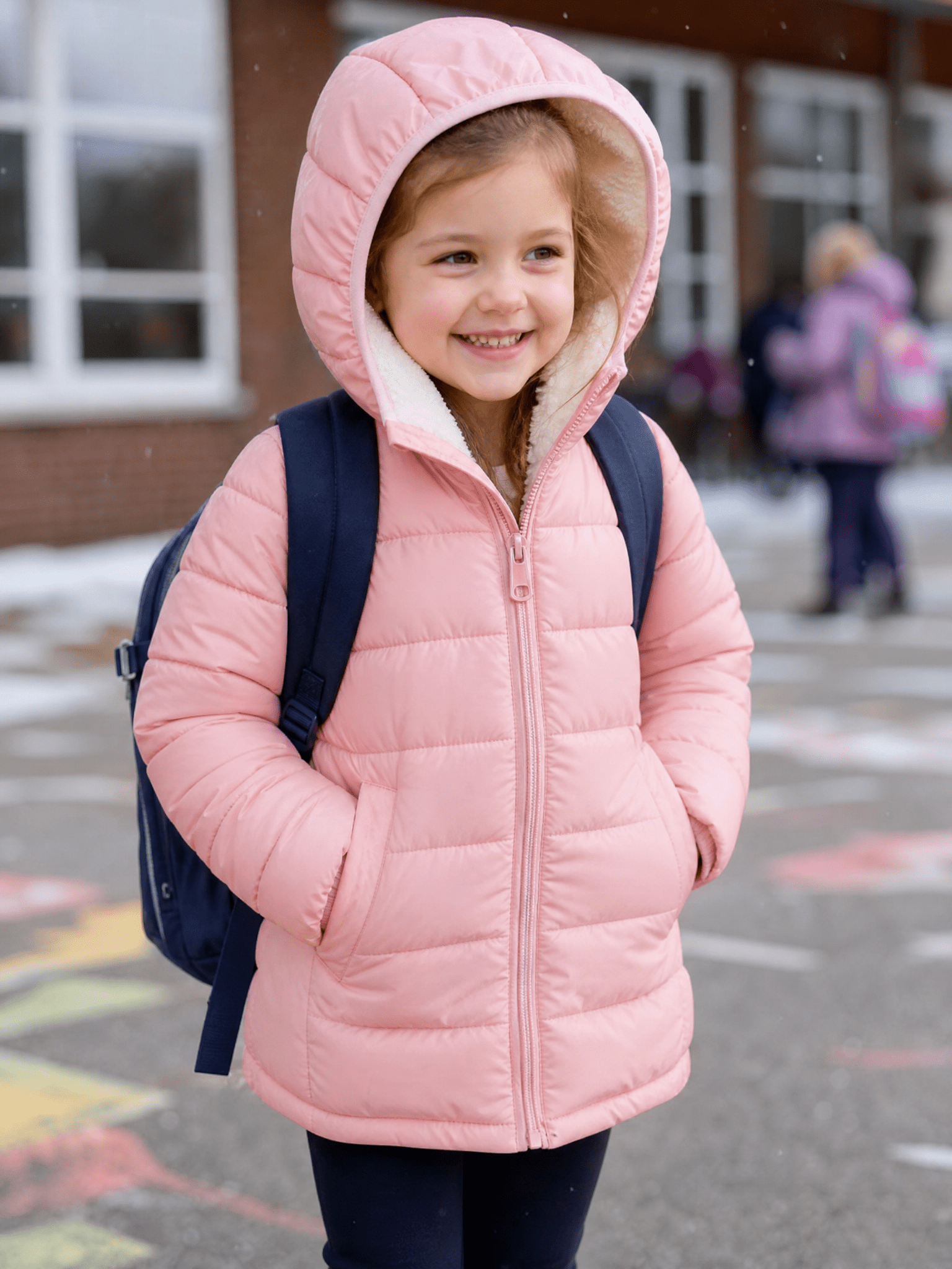 Girl wearing a pink hooded puffer jacket with a backpack outside school on a snowy day, styled as cozy winter outerwear for daily wear.