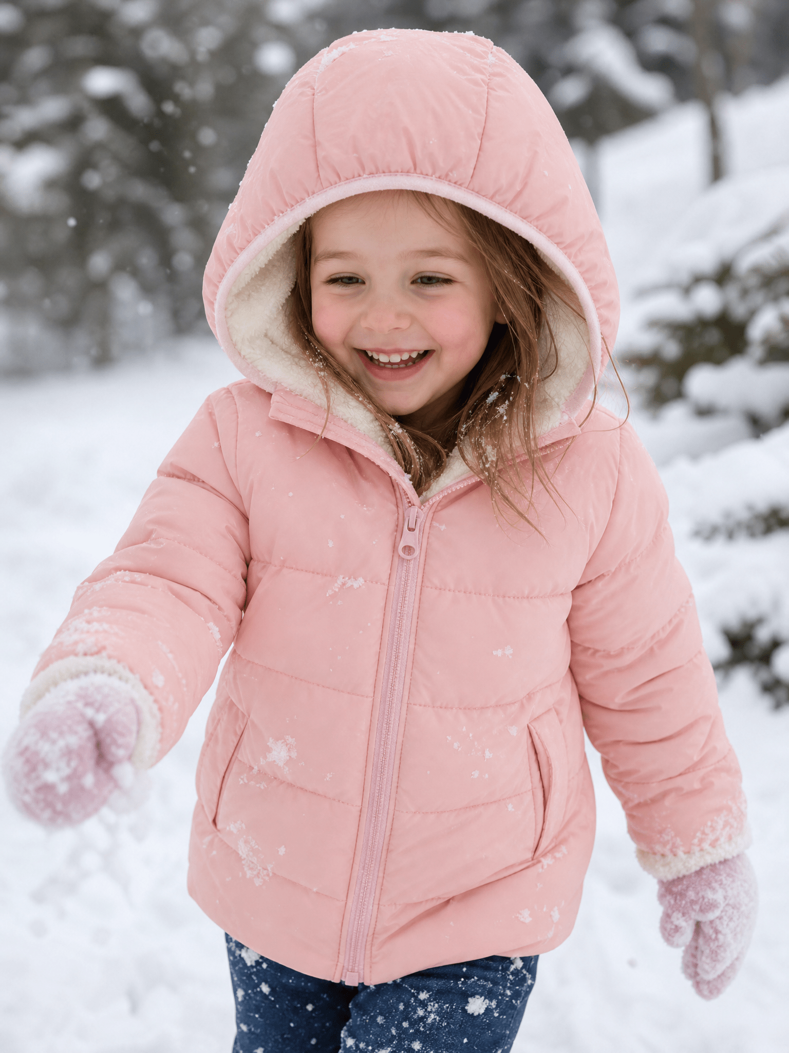 Girl wearing a pink hooded puffer jacket while playing in the snow, showing a warm quilted winter coat for outdoor cold-weather activities.