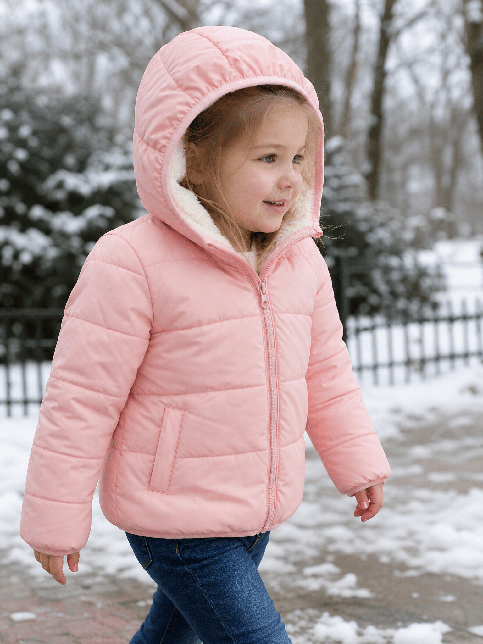Girl walking outdoors in a pink hooded puffer jacket on a snowy winter day, showing the side fit, quilted design and full-zip front.
