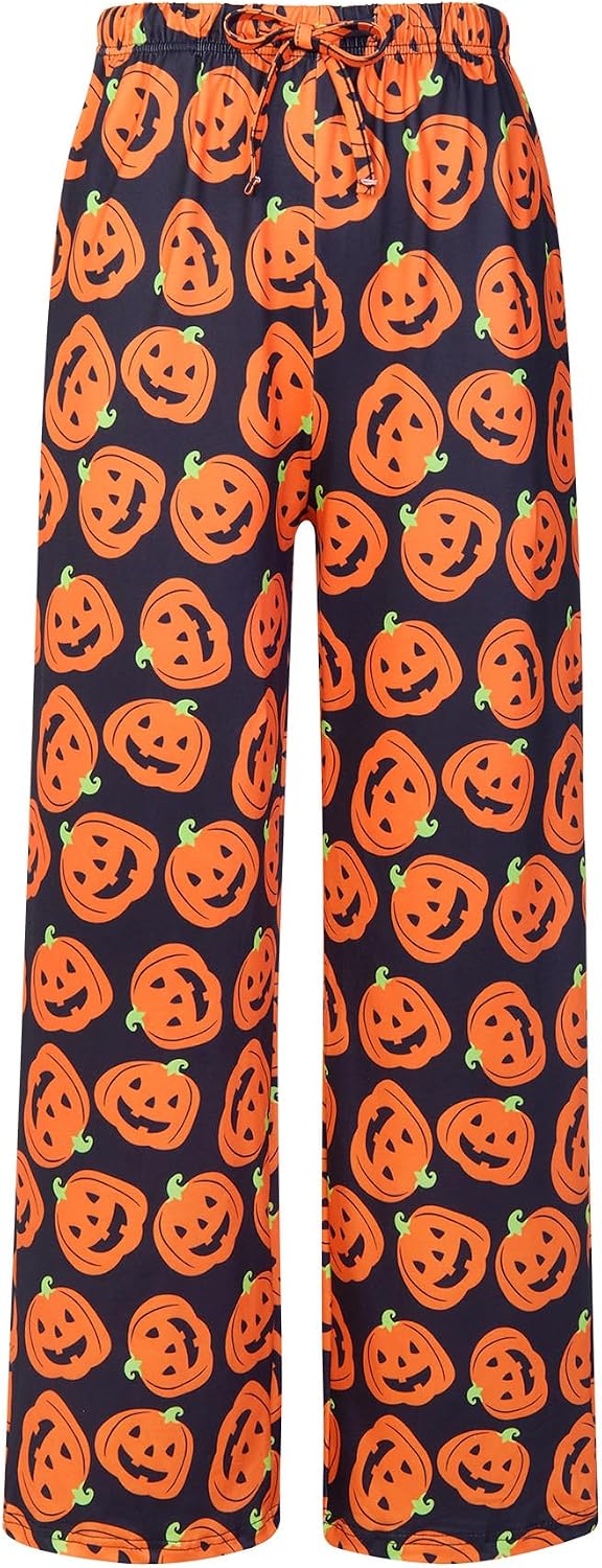 Kids pumpkin print pajama pants with full-length relaxed fit and elastic waistband for Halloween nights, sleepovers and cozy home wear.
