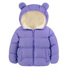 Kids purple bear ear hooded puffer jacket with fleece-lined hood and warm quilted construction for winter outings and outdoor play.