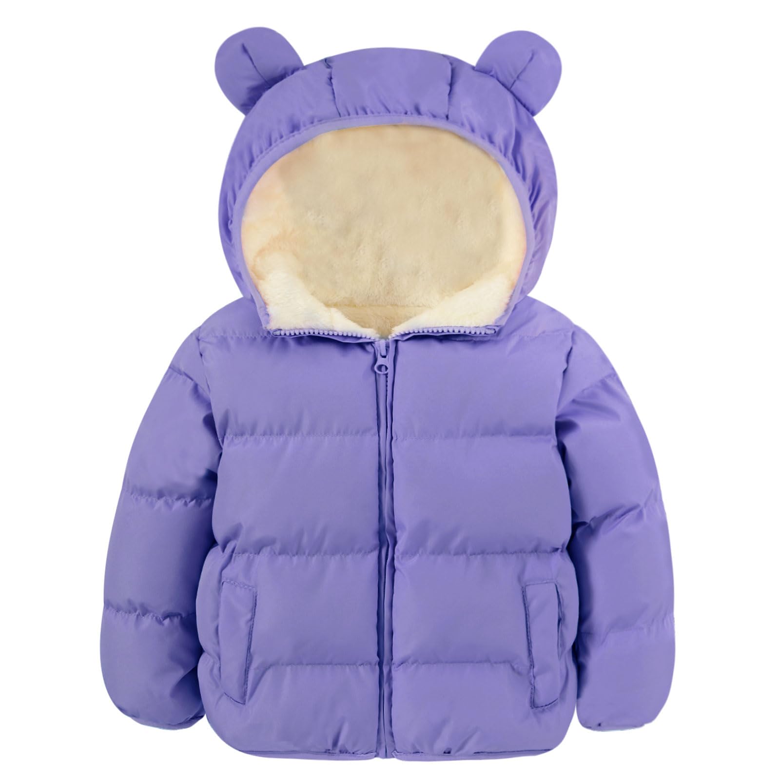 Kids purple bear ear hooded puffer jacket with fleece-lined hood and warm quilted construction for winter outings and outdoor play.