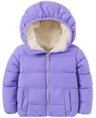 Kids purple hooded puffer jacket with lightweight insulation and quilted design for comfortable cold-weather everyday wear.